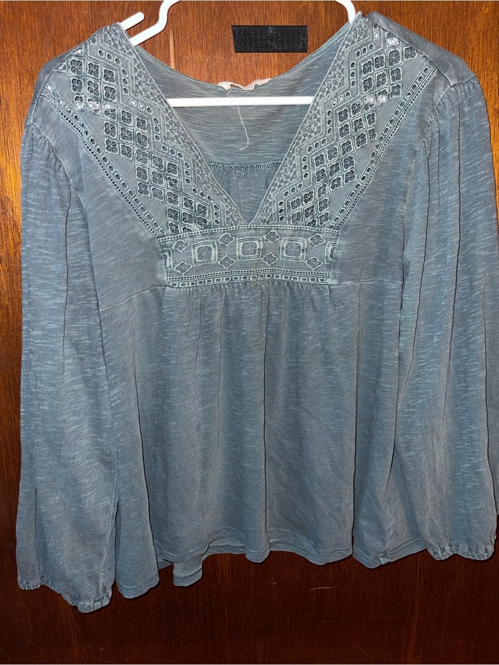 Lucky Brand Slate Blue Embroidered V-Neck Peasant Blouse